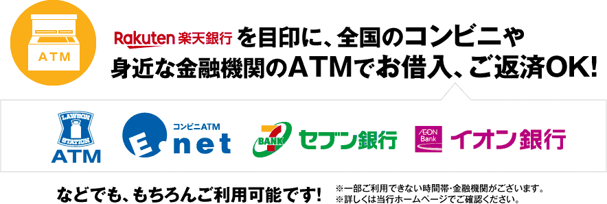 楽天銀行のロゴを目印に全国のコンビニや身近なATMでお借入、ご返済OK！